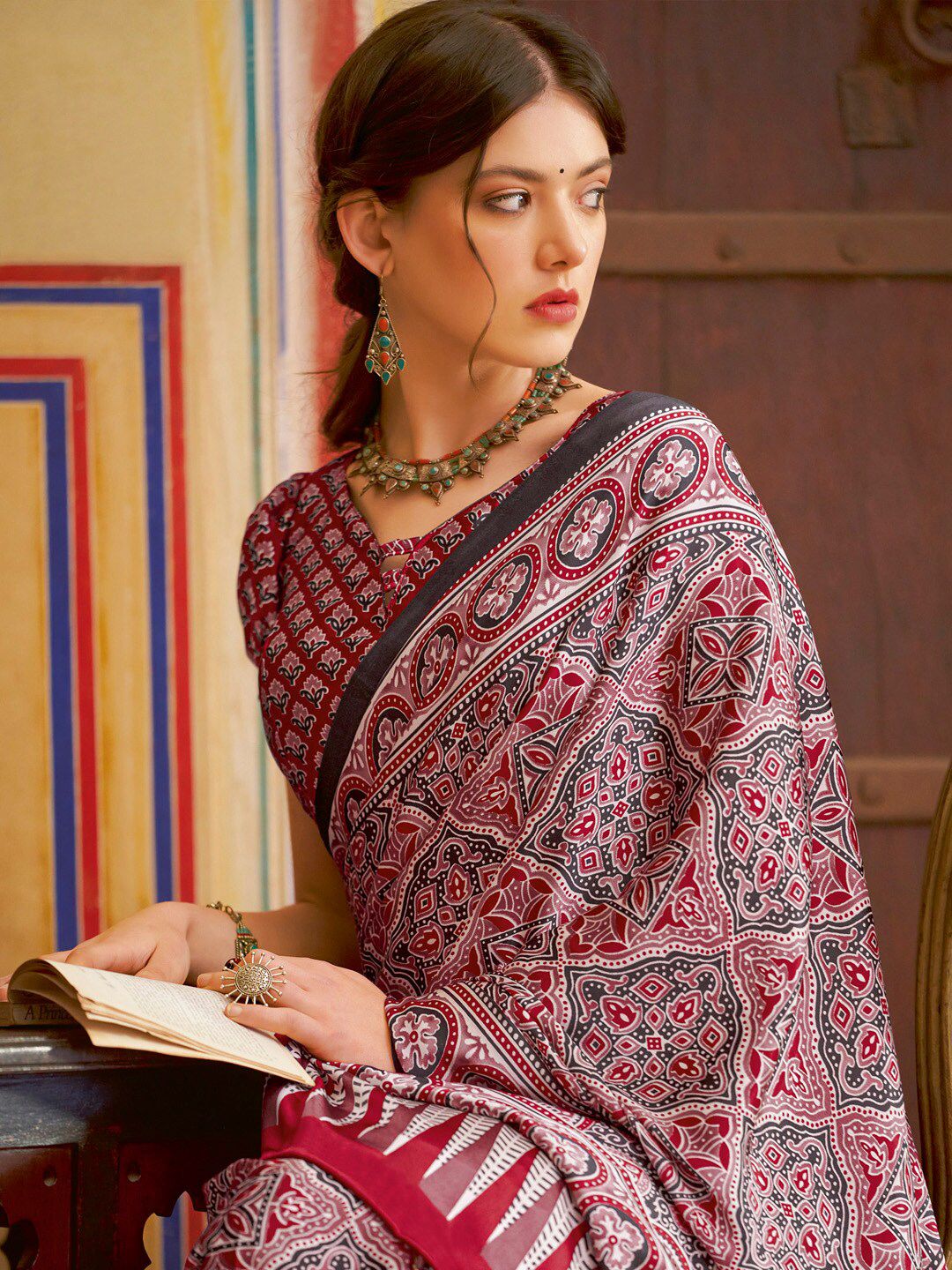 Saree mall modal Ajrak Block Pure Crepe Bagru SareesWith Blouse Piece