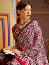Saree mall modal Ajrak Block Pure Crepe Bagru SareesWith Blouse Piece