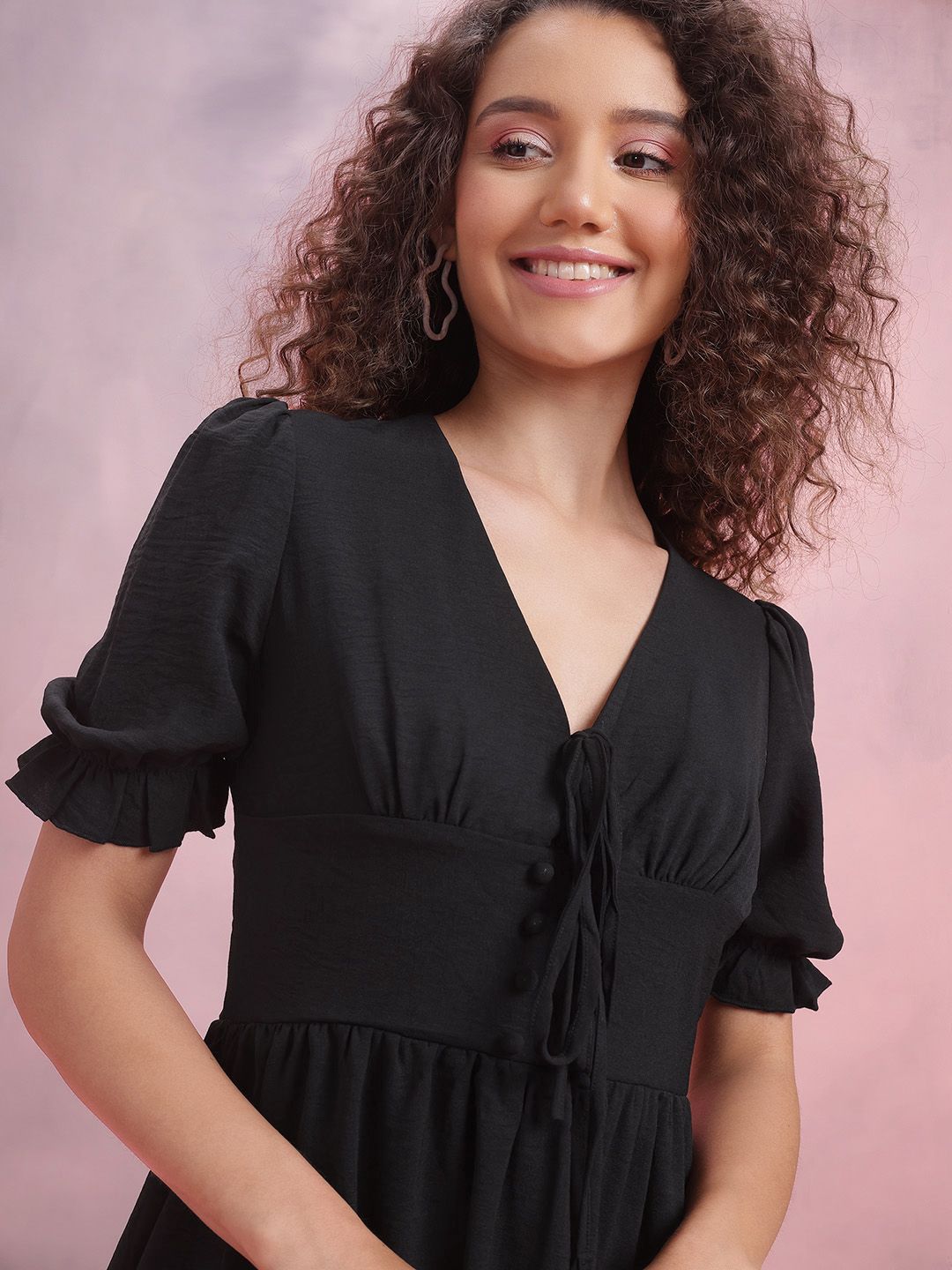 DressBerry Puff Sleeves A-Line Dress with Ruffled Detail