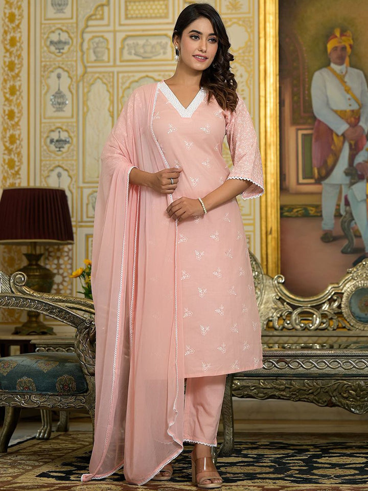 Varanga Floral Embroidered Chikankari Straight Kurta With Trousers & Dupatta