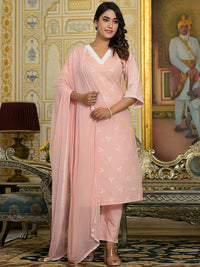 Varanga Floral Embroidered Chikankari Straight Kurta With Trousers & Dupatta