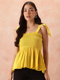 all about you Smocked Effect Tie-Up Detail Shoulder Straps Pure Cotton Peplum Top