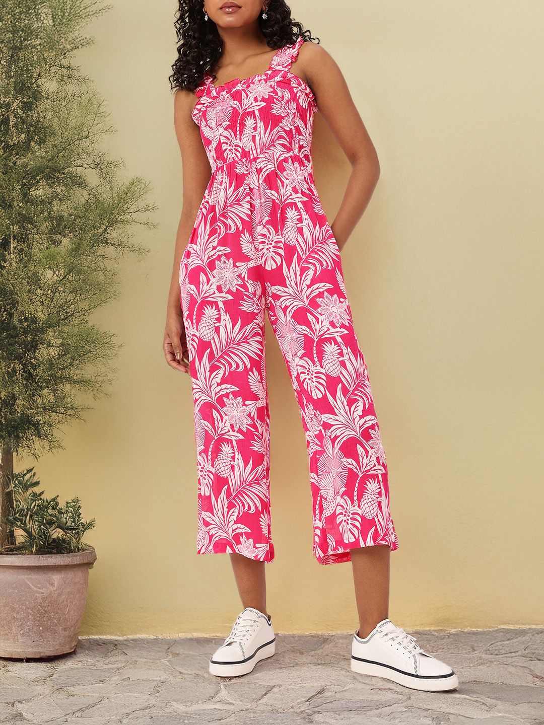 DressBerry Getaway Printed Ruched Shoulder Straps Smocked Jumpsuit