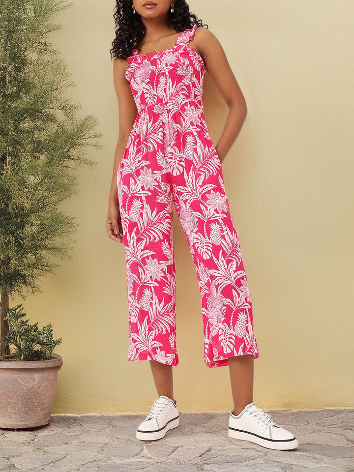 DressBerry Getaway Printed Ruched Shoulder Straps Smocked Jumpsuit