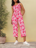 DressBerry Getaway Printed Ruched Shoulder Straps Smocked Jumpsuit