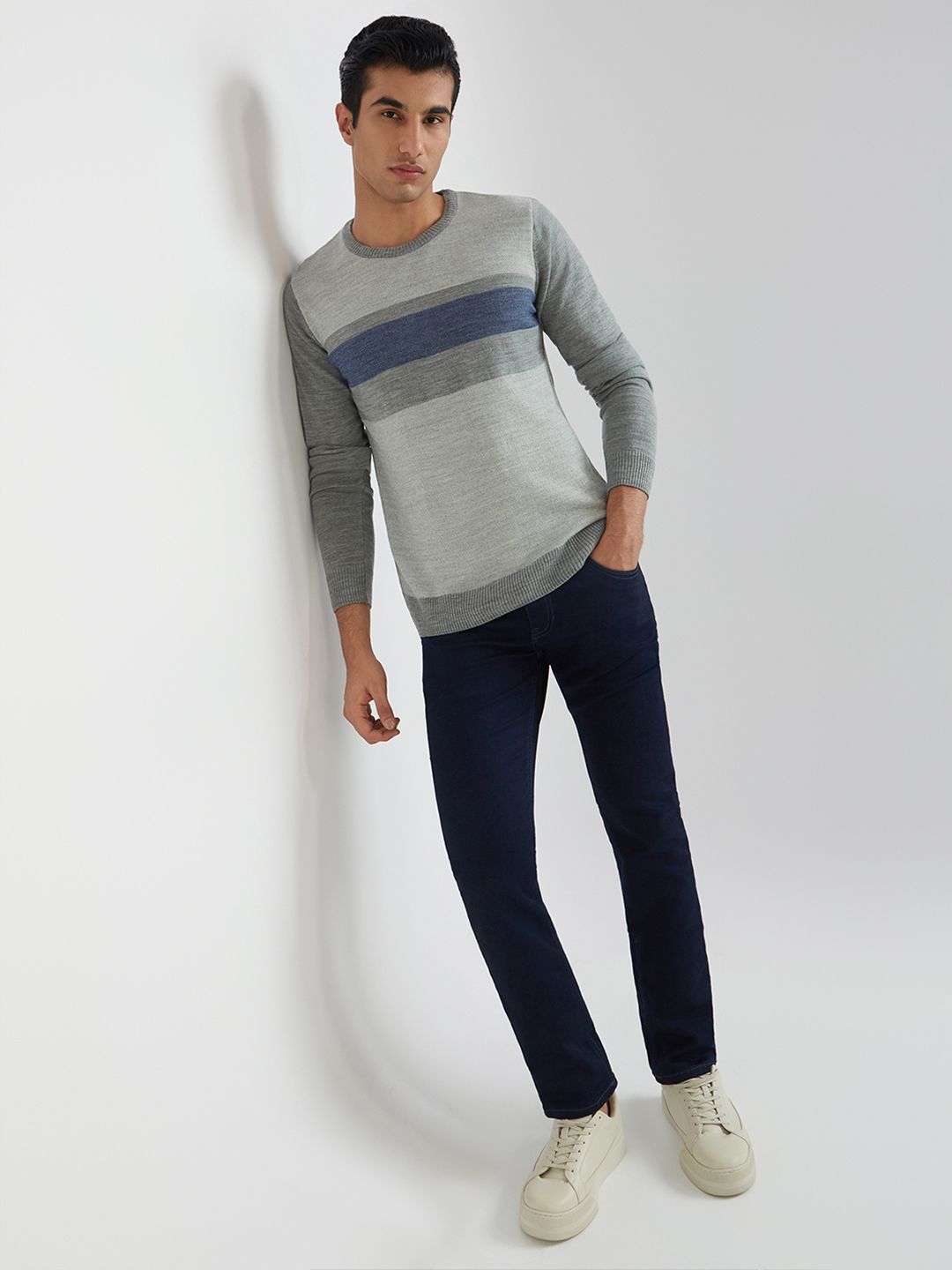 Raymond Men Grey Melange & Blue Striped Woolen Pullover