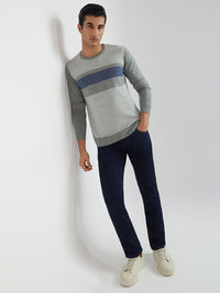 Raymond Men Grey Melange & Blue Striped Woolen Pullover