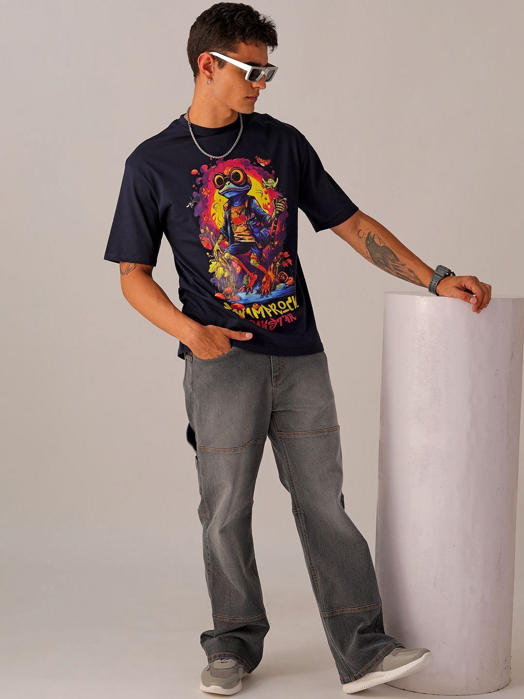 The Indian Garage Co Men Back Printed Boxy Oversized Round Neck T-shirt