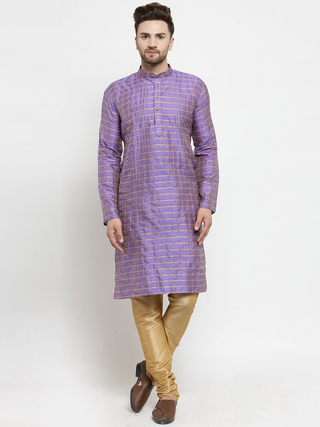 SOJANYA Men Purple & Gold-Toned Checked Straight Kurta