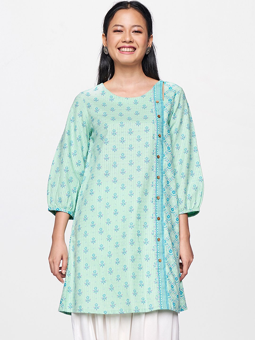 Global Desi Turquoise Blue Printed Tunic with Button Detailing