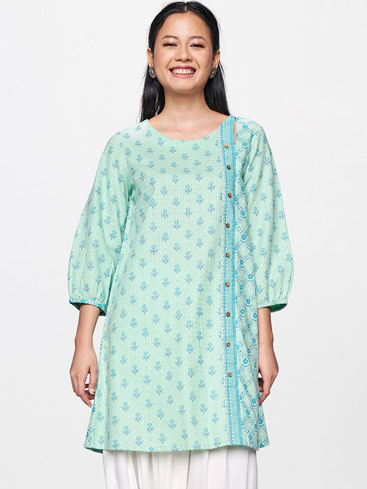 Global Desi Turquoise Blue Printed Tunic with Button Detailing