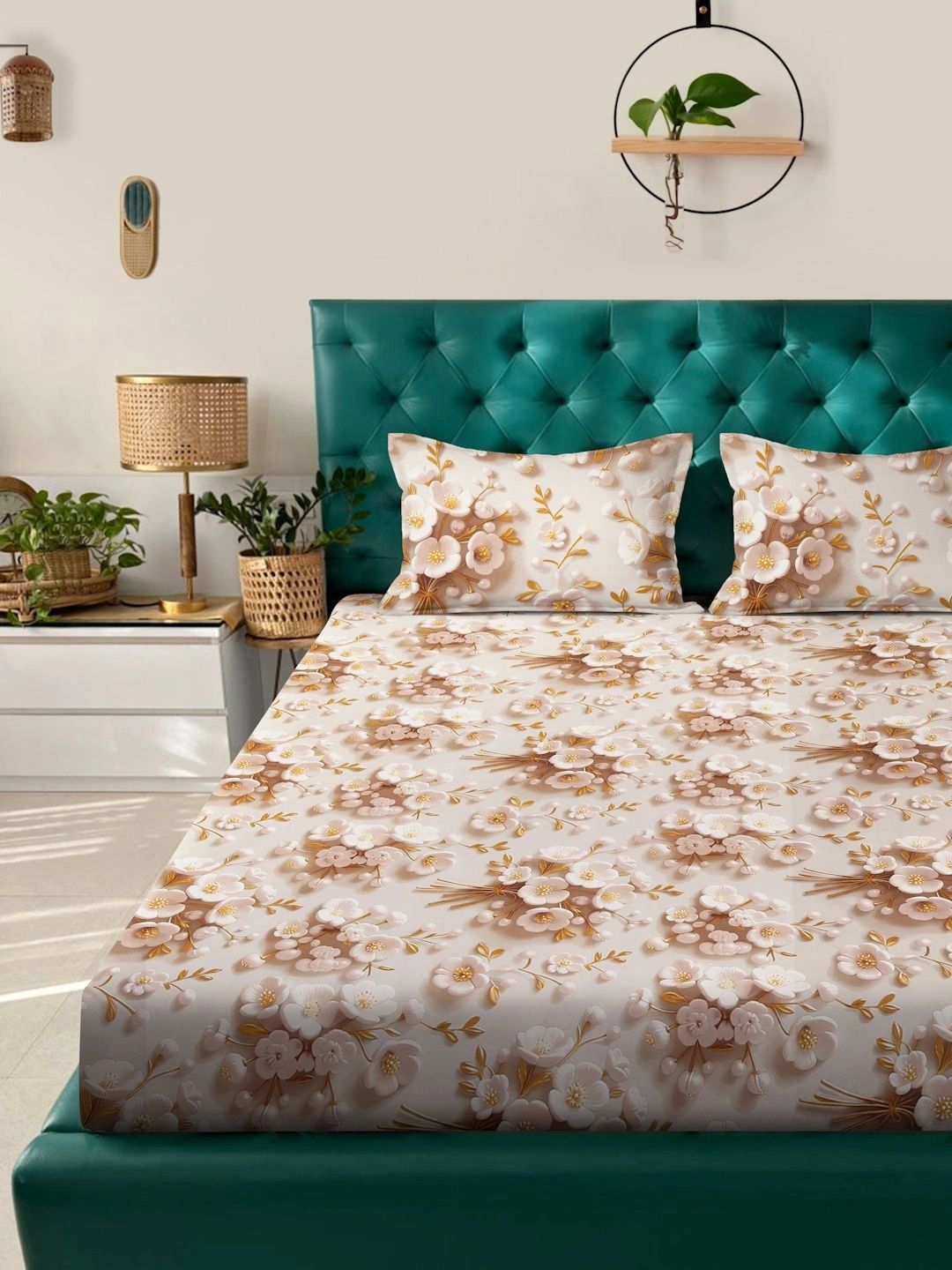Moda Rapido X KLOTTHE Cream-Coloured Floral 300 TC King Bedsheet with 2 Pillow Covers