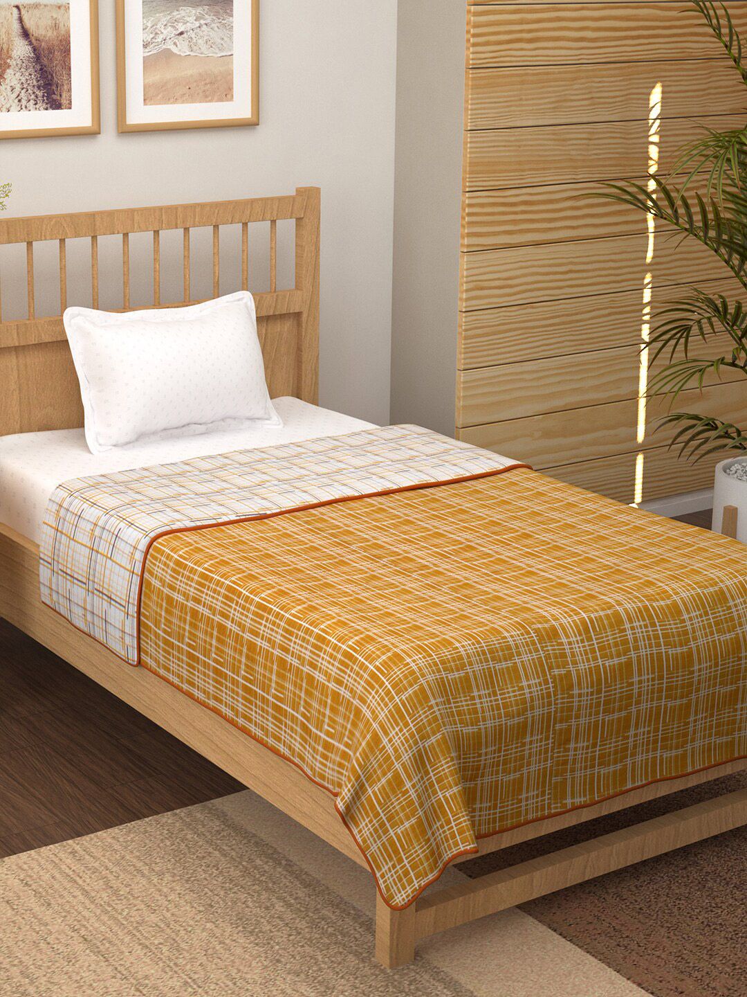 Story@home Yellow & White Checked AC Room 150 GSM Reversible Cotton Single Bed Dohar