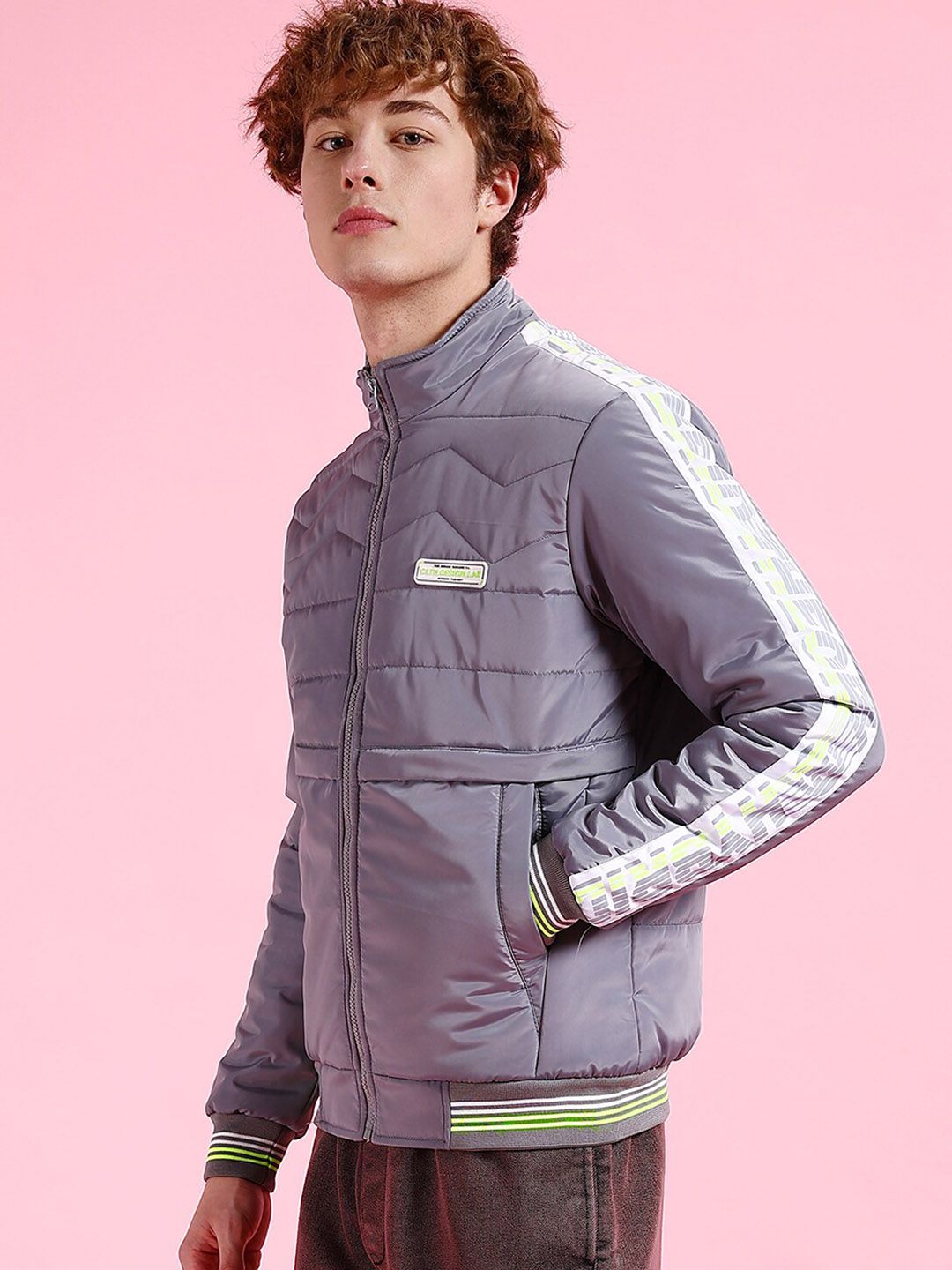 The Indian Garage Co Grey Striped Stand Collar Padded Jacket