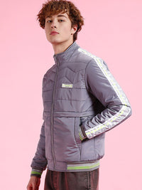 The Indian Garage Co Grey Striped Stand Collar Padded Jacket