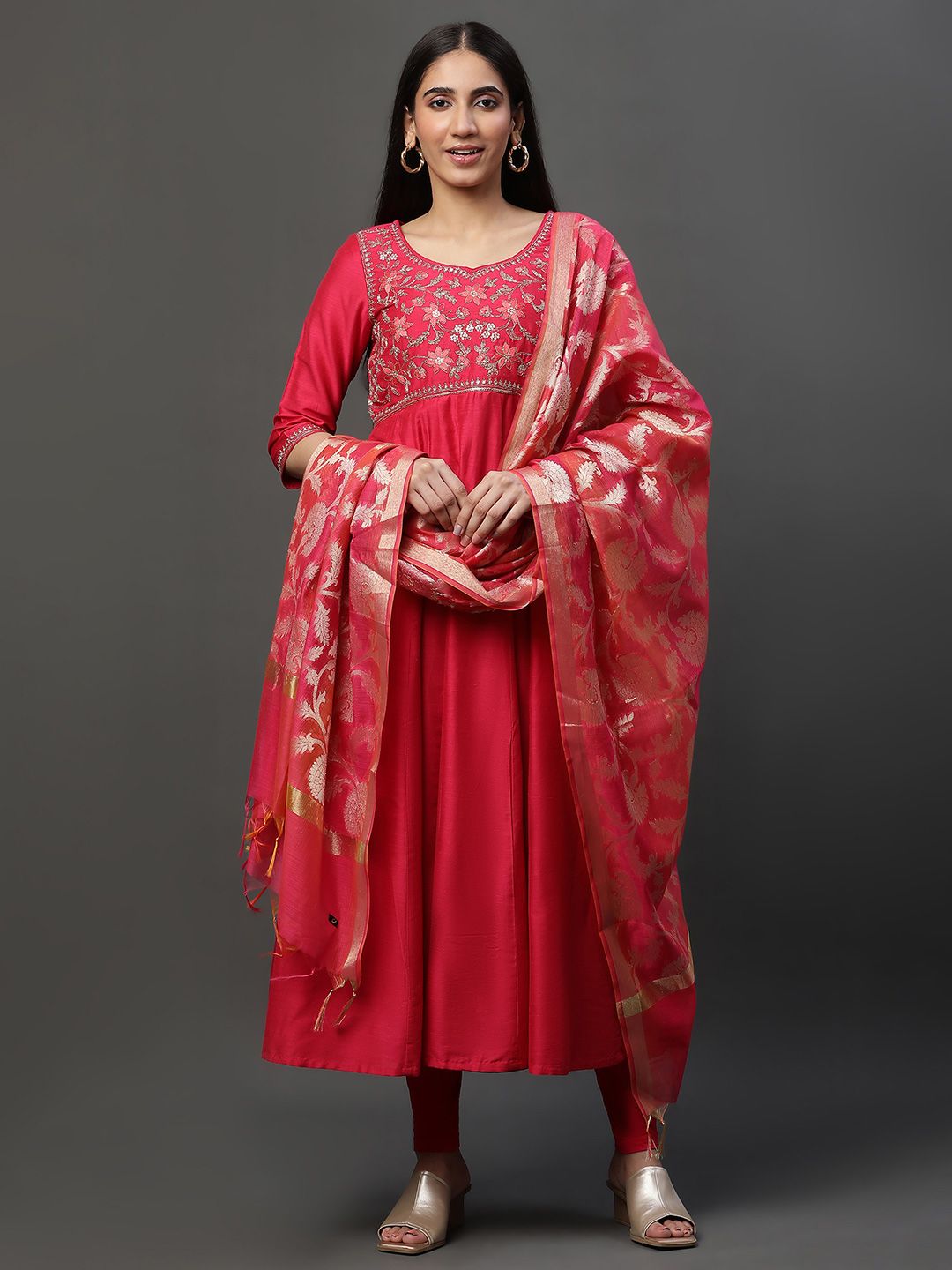AURELIA Women Pink Floral Embroidered Empire Sequinned Kurta with Trousers & With Dupatta