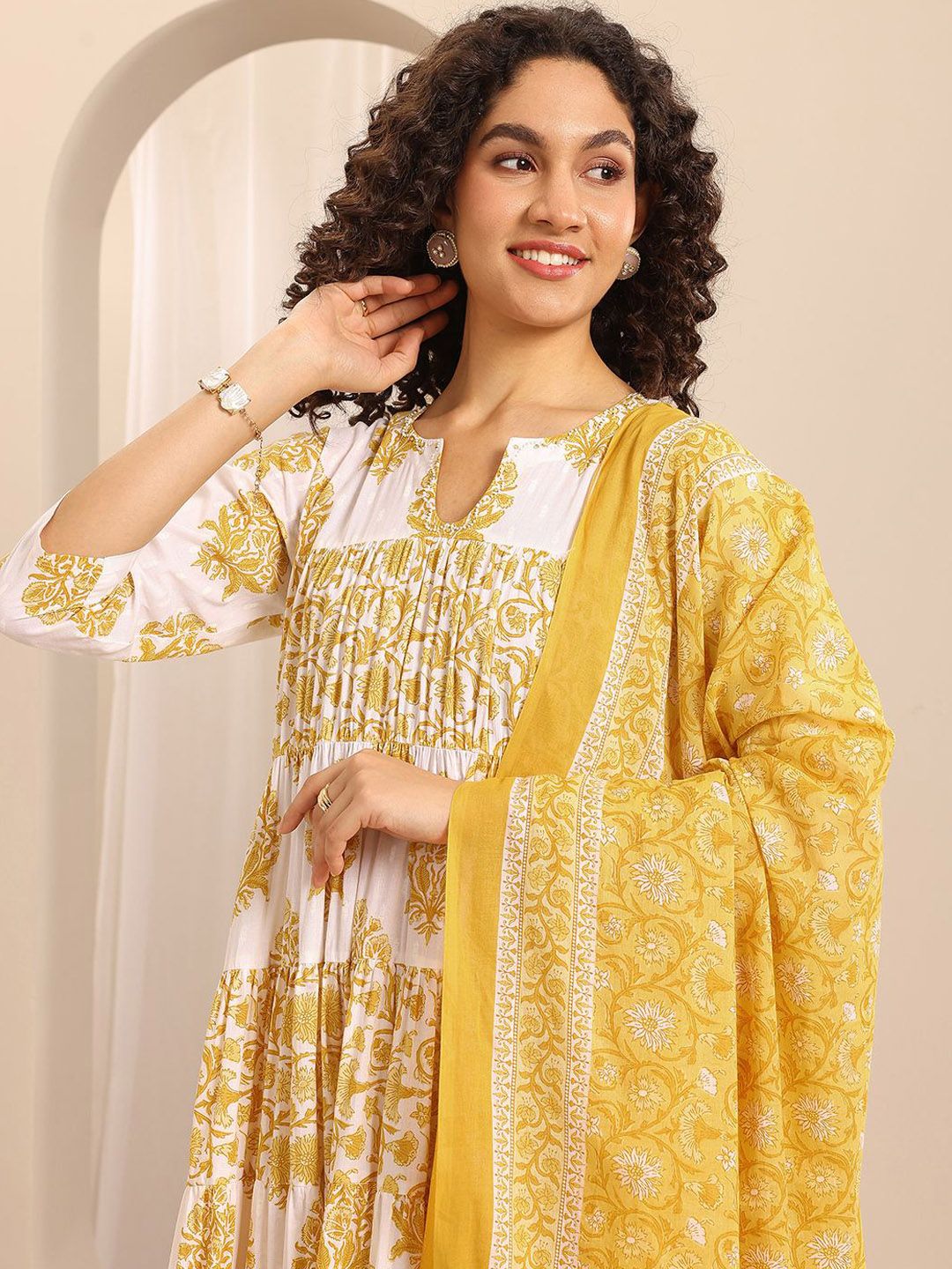 Libas Floral Printed Notch Neck Anarkali Kurta With Trousers & Dupatta