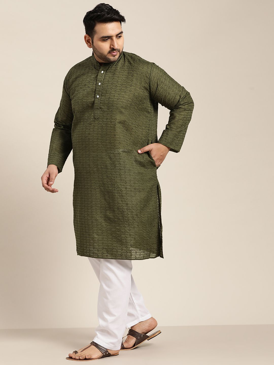 SOJANYA PLUS Size Men Olive Green Geometric Embroidered Pure Cotton Kurta