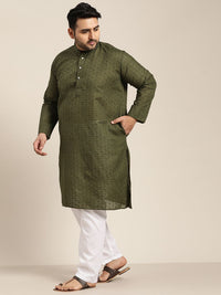 SOJANYA PLUS Size Men Olive Green Geometric Embroidered Pure Cotton Kurta