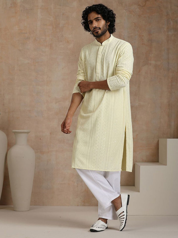 House of Chikankari Men Cream Rayon Sulam Kurta