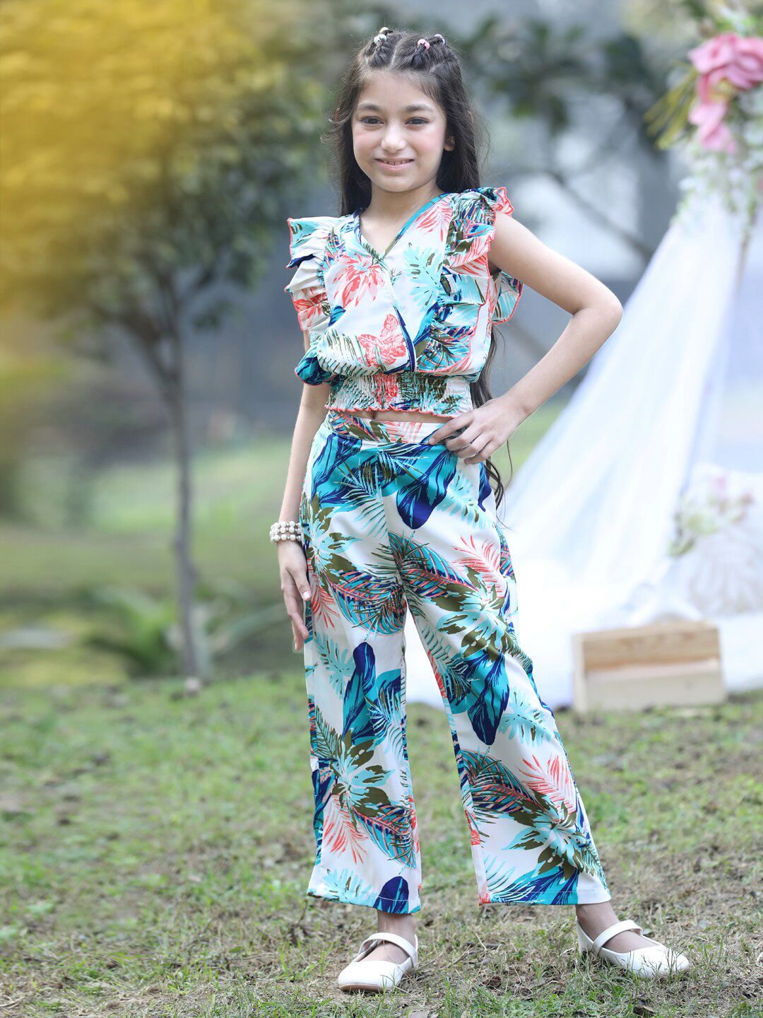 Cutiekins Girls Printed V-Neck Top with Trousers