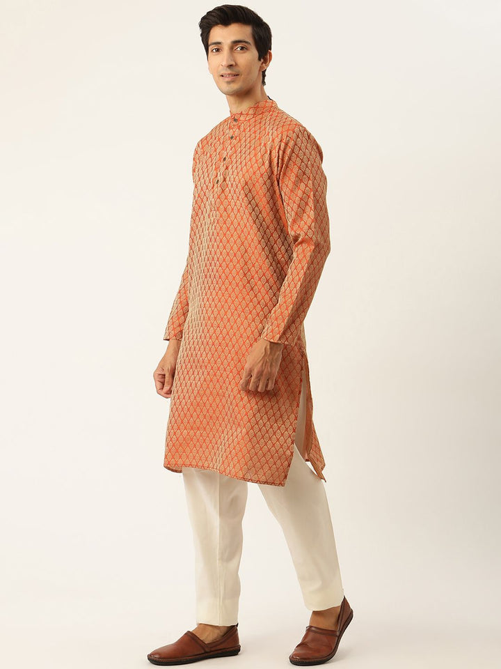 SOJANYA Men Rust Orange & Off-White Jacquard Kurta with Churidar & Nehru Jacket