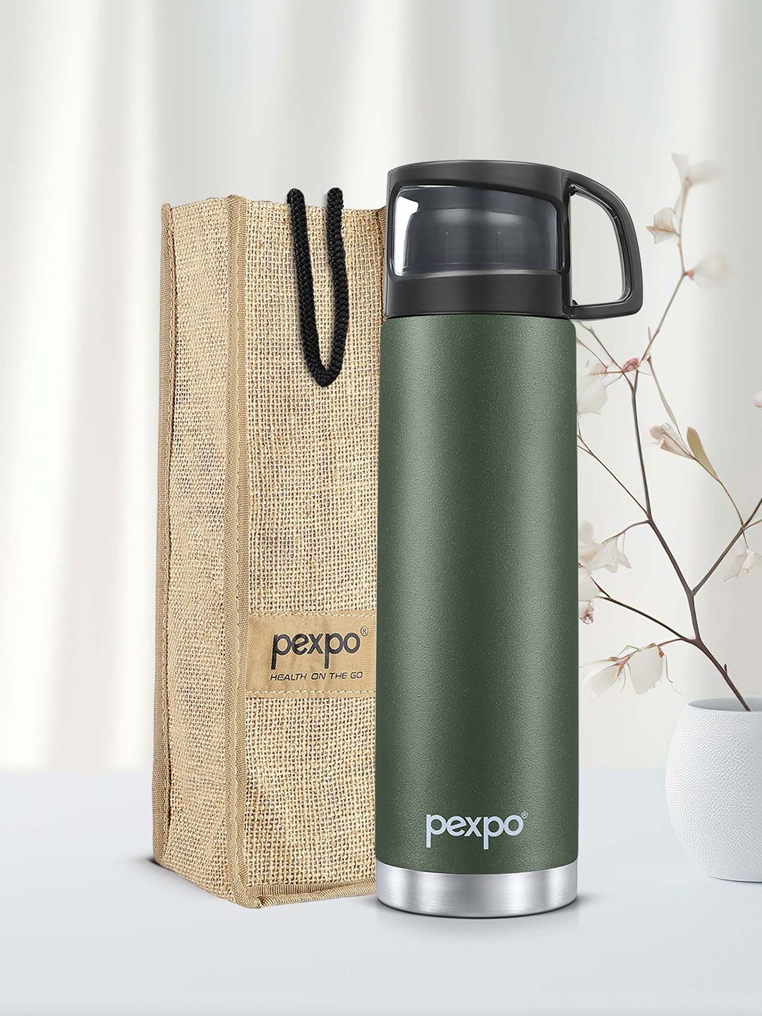 Pexpo Fererro Military Green Thermosteel ISI Certified Hot Flask Water Bottle & Bag 1000ml