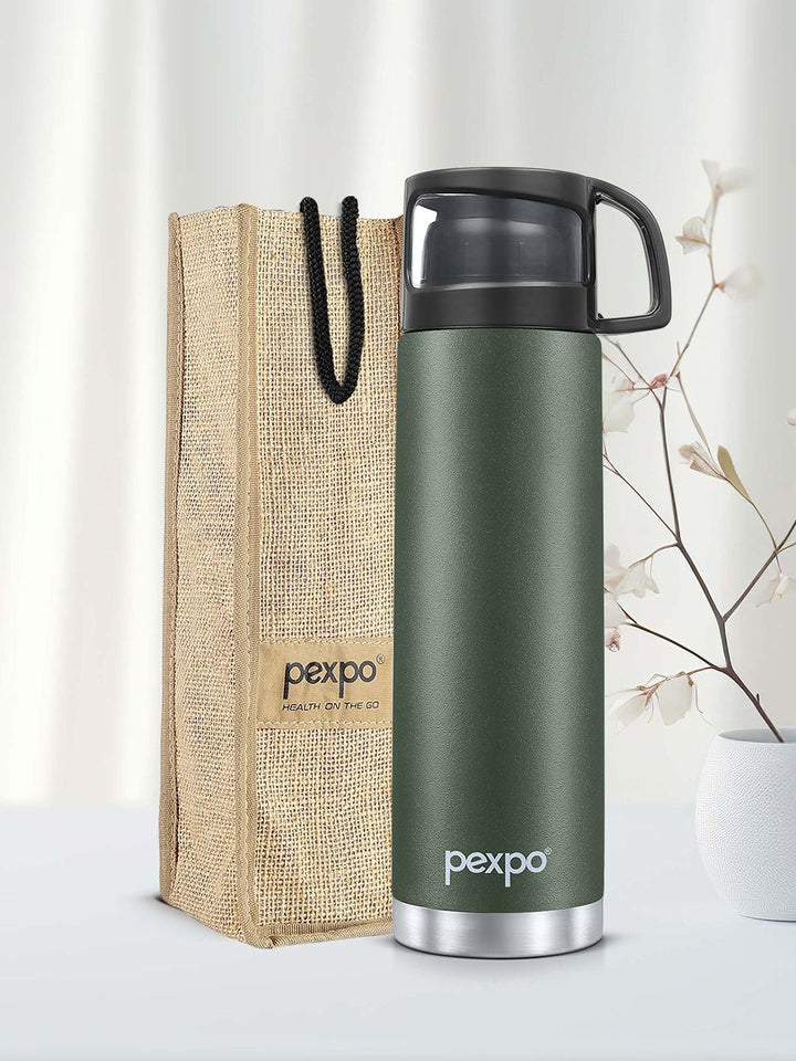 Pexpo Fererro Military Green Thermosteel ISI Certified Hot Flask Water Bottle & Bag 1000ml