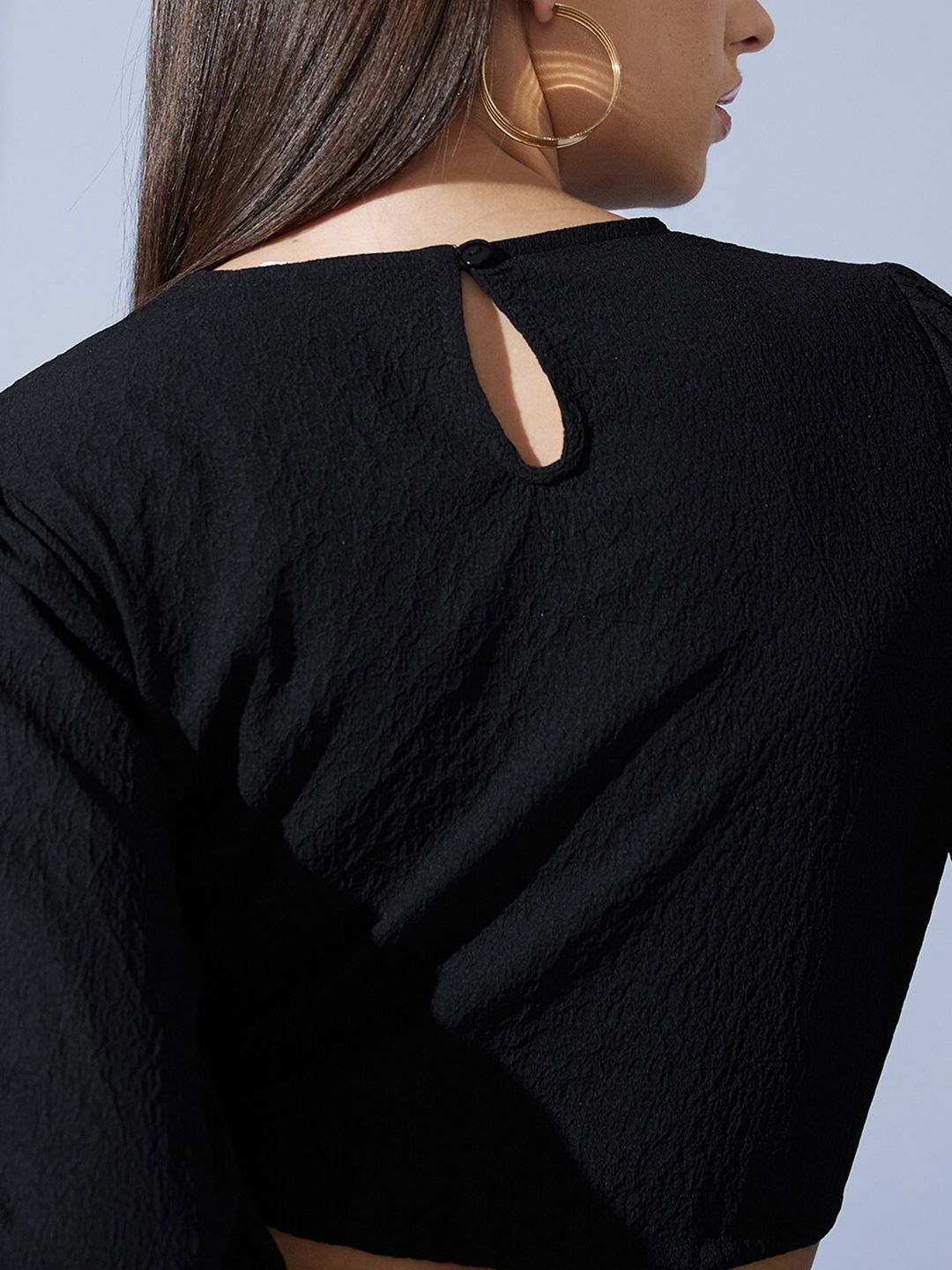 STREET 9 Black Puffed Sleeves Tie-Ups Jacquard Blouson Crop Top