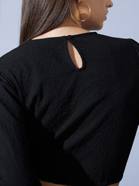 STREET 9 Black Puffed Sleeves Tie-Ups Jacquard Blouson Crop Top