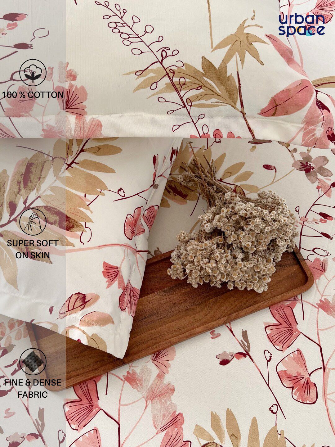 URBAN SPACE Serene Peach-Coloured Floral Cotton 200 TC Single Bedsheet with 1 Pillow Cover