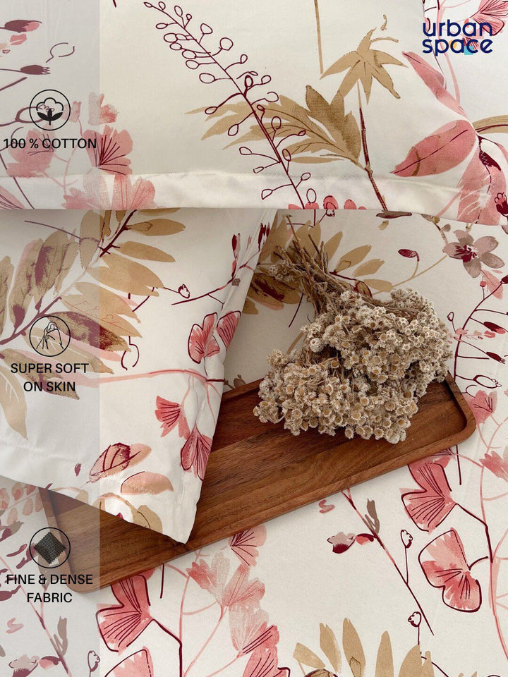 URBAN SPACE Serene Peach-Coloured Floral Cotton 200 TC Single Bedsheet with 1 Pillow Cover