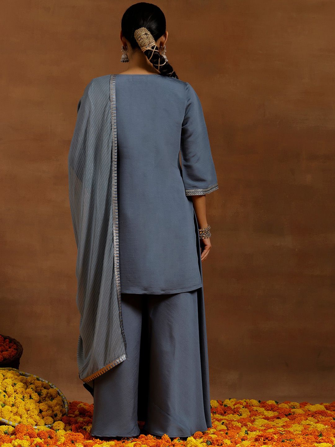 Libas Floral Yoke Design Sequinned Straight Kurta With Palazzos &  Dupatta