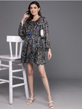 Indo Era Floral Print Flared Sleeves Gathered Or Pleated Georgette A-Line Dress