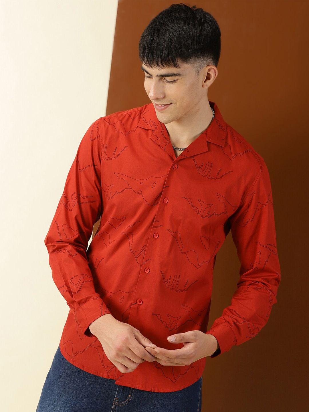 Thomas Scott Classic Abstract Printed Cuban Collar Cotton Casual Shirt