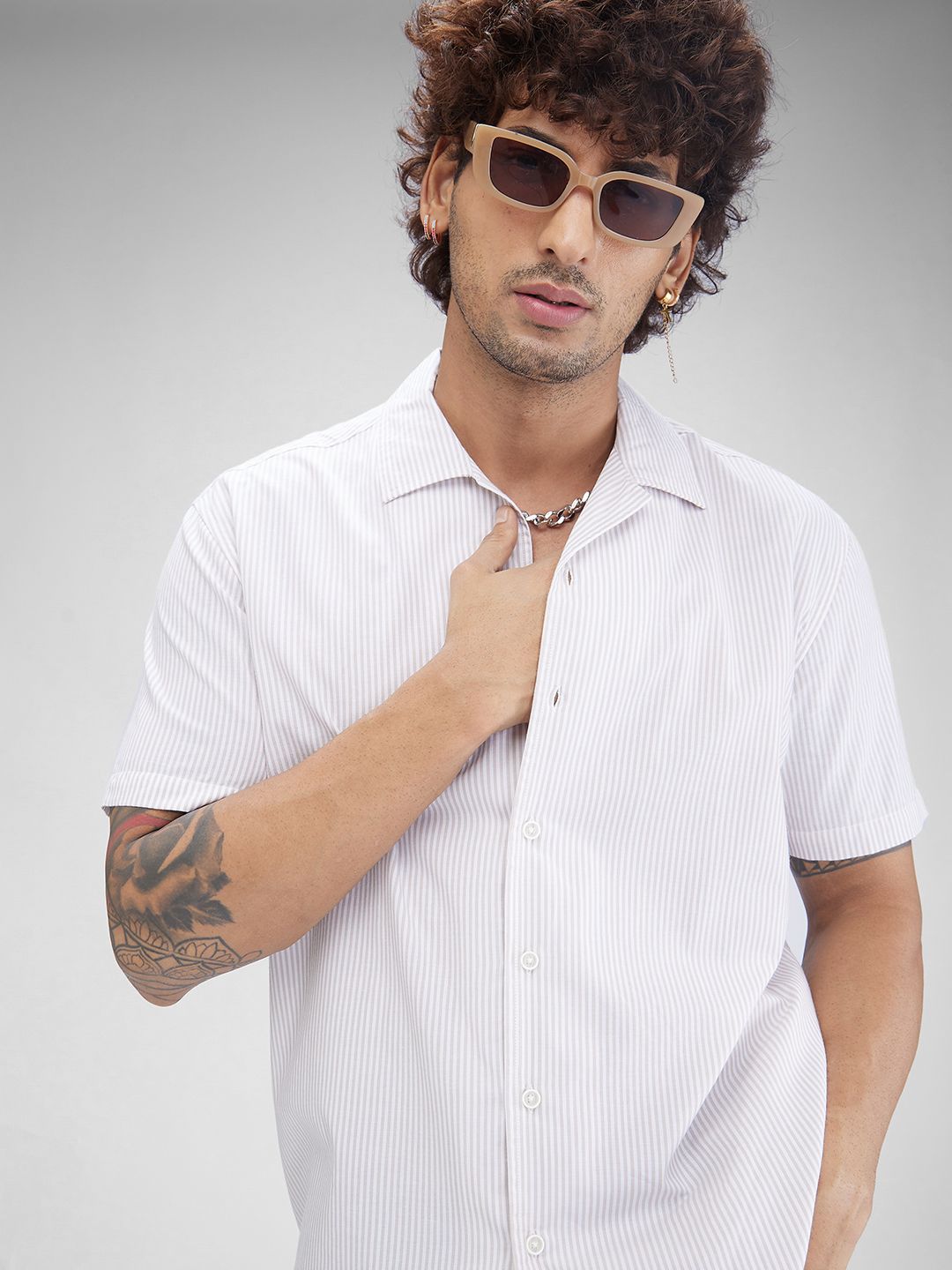 VASTRADO Men Striped Resort Collar Cotton Oversized Shirt