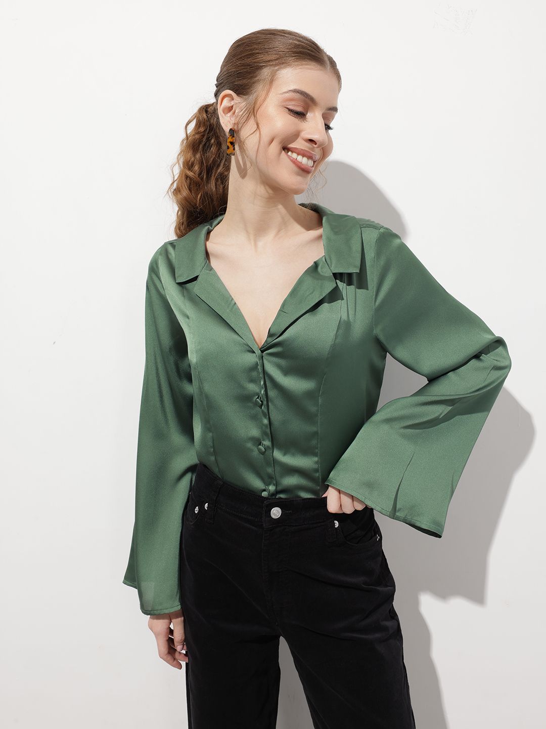 DressBerry Satin Attitude Lapel Collar Flared Sleeves Drama Shirt