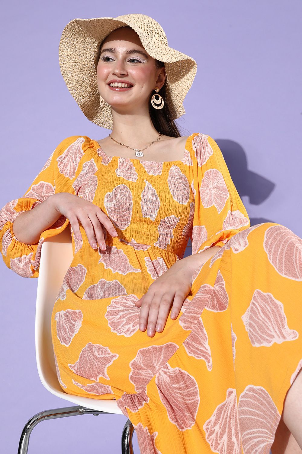 all about you Printed Puff Sleeve Romance Ramble-Decorative Smocking A-Line Dress
