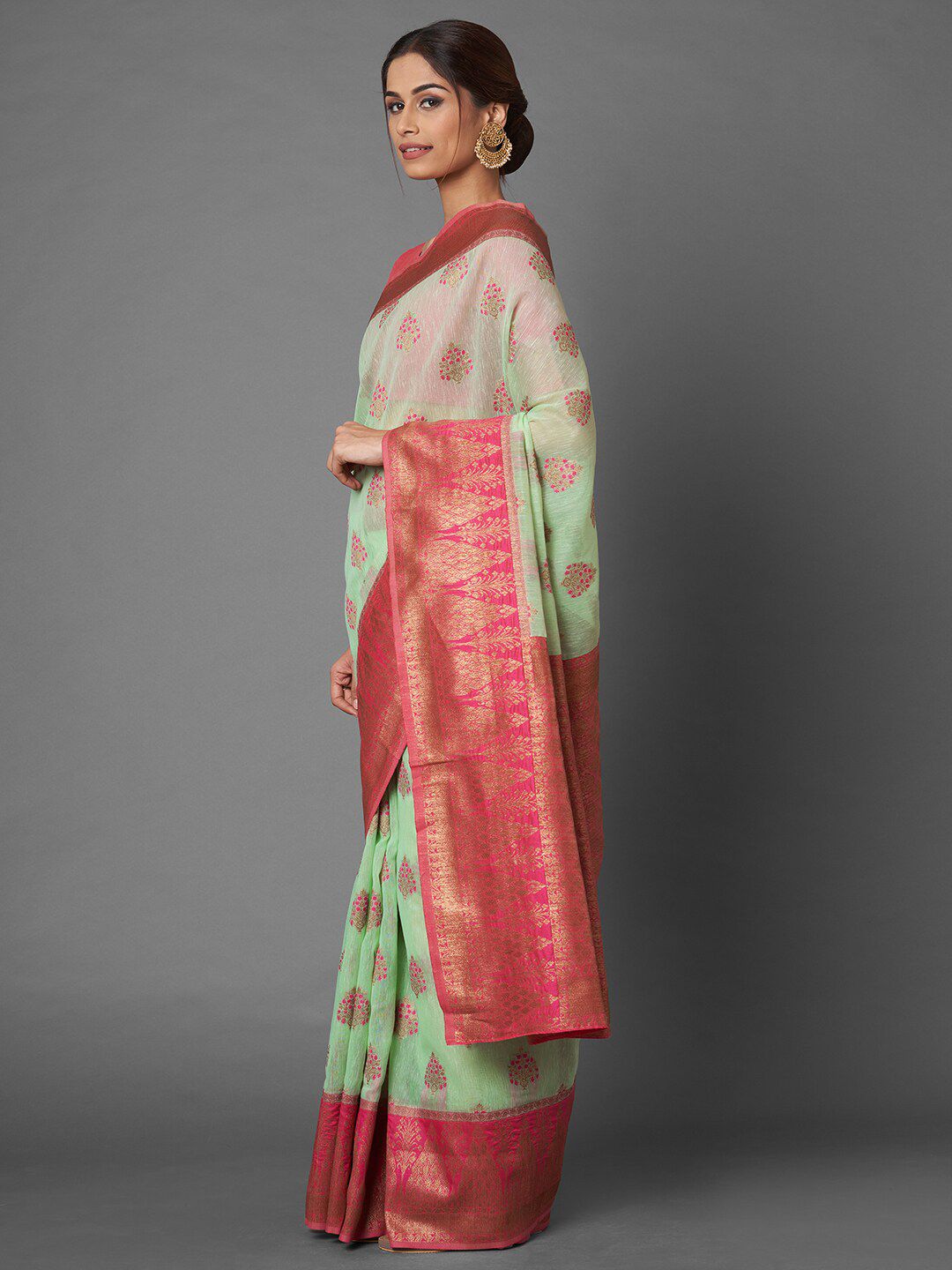 Saree mall Green & Pink Woven Design Linen Blend Saree