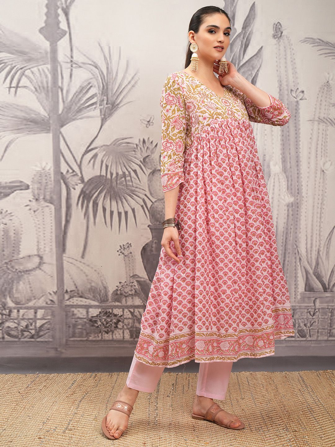 Vishudh Pink V Neck Floral Printed Regular Pure Cotton Anarkali Kurta Set