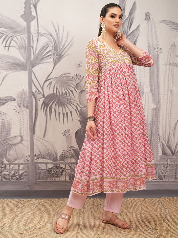 Vishudh Pink V Neck Floral Printed Regular Pure Cotton Anarkali Kurta Set