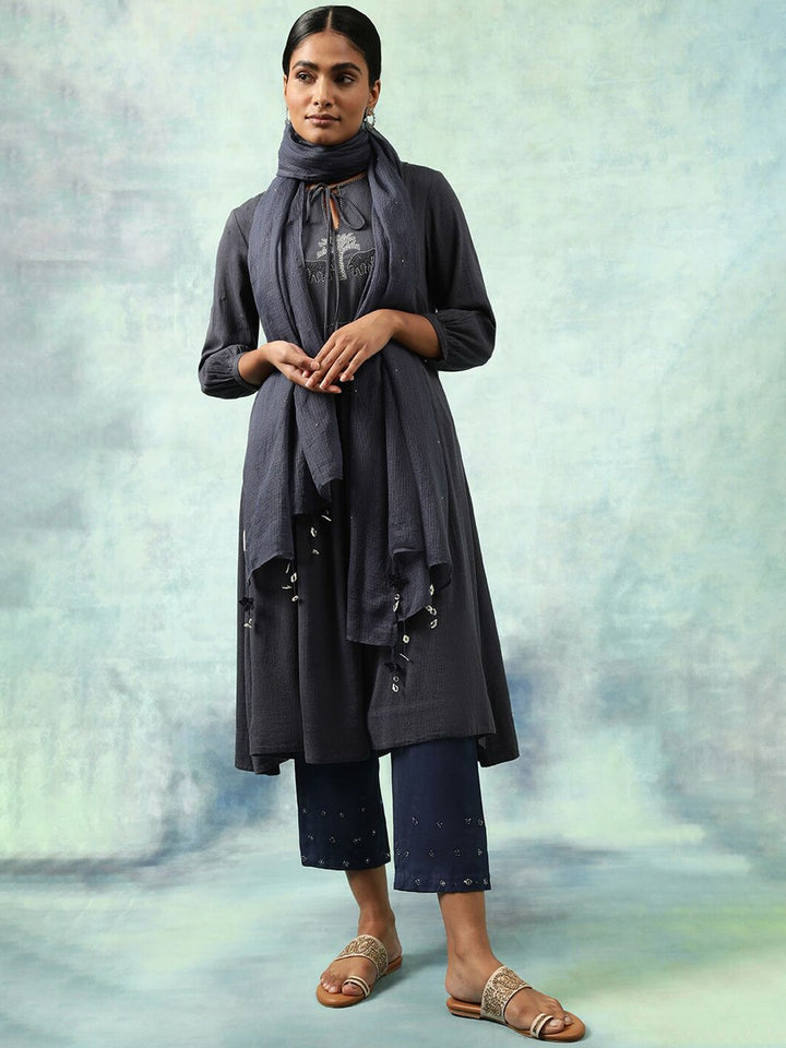 W The Folksong Collection Striped Tie-Up Neck Thread Work A-Line Kurta