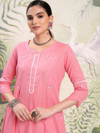 Vishudh Pink Floral Embroidered Thread Work Pure Cotton A-Line Kurta With Trousers