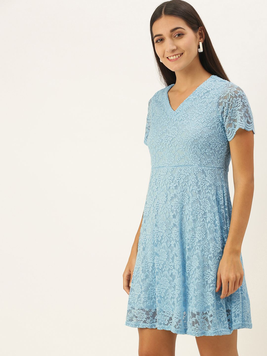 AND Women Blue Lace Inserts A-Line Dress