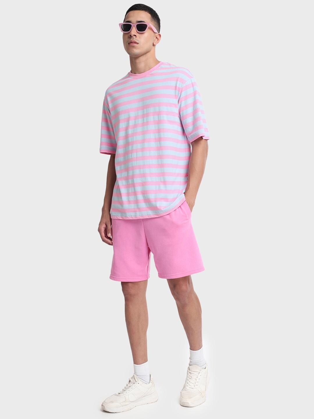Bewakoof Men Pink & White Striped Oversized T-shirt