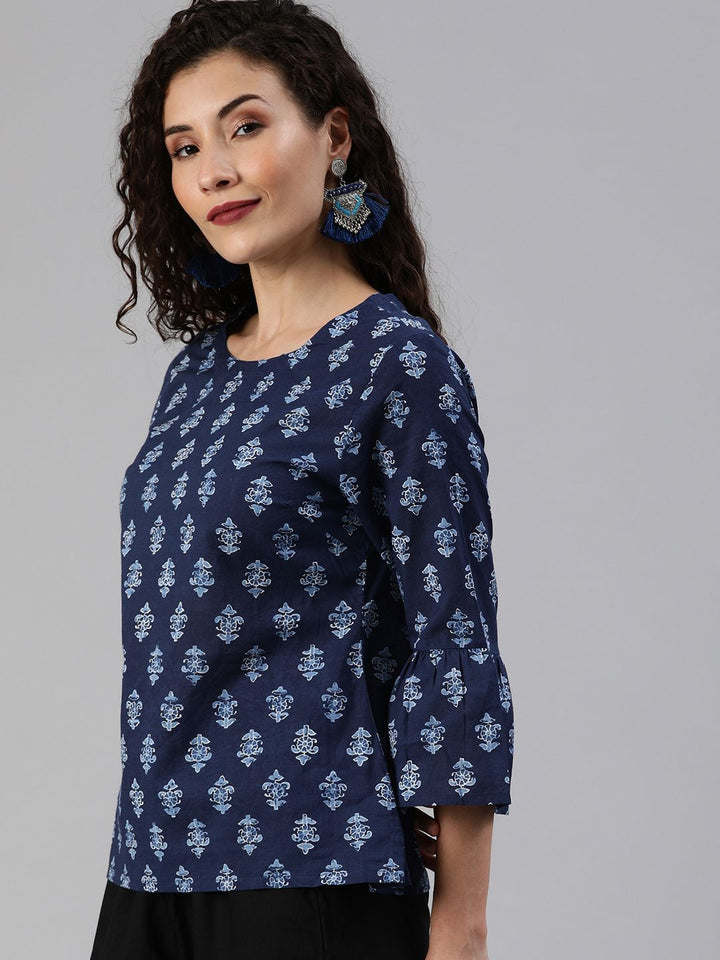 Anouk Navy Blue Ethnic Motifs Bell Sleeved Pure Cotton Top