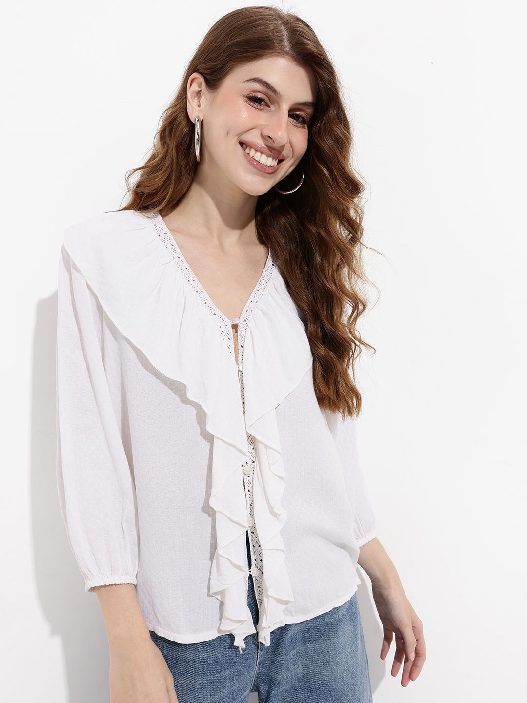 DressBerry Porcelain White Texture Play Ruffled Top