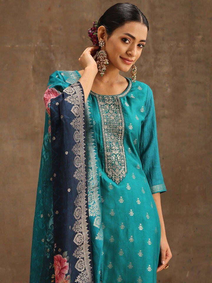 Libas Green Ethnic Motifs Woven Design Pure Silk Kurta With Trousers & Dupatta