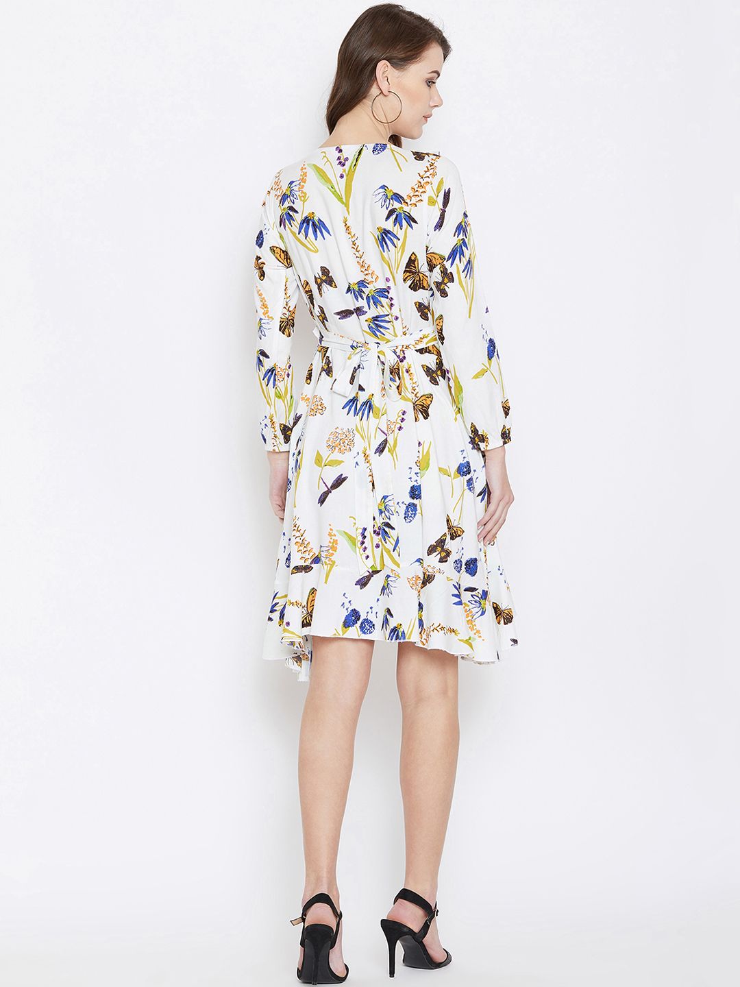 Berrylush Women White & Blue Butterfly Printed Wrap Dress