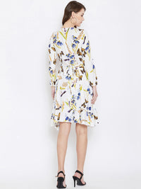 Berrylush Women White & Blue Butterfly Printed Wrap Dress